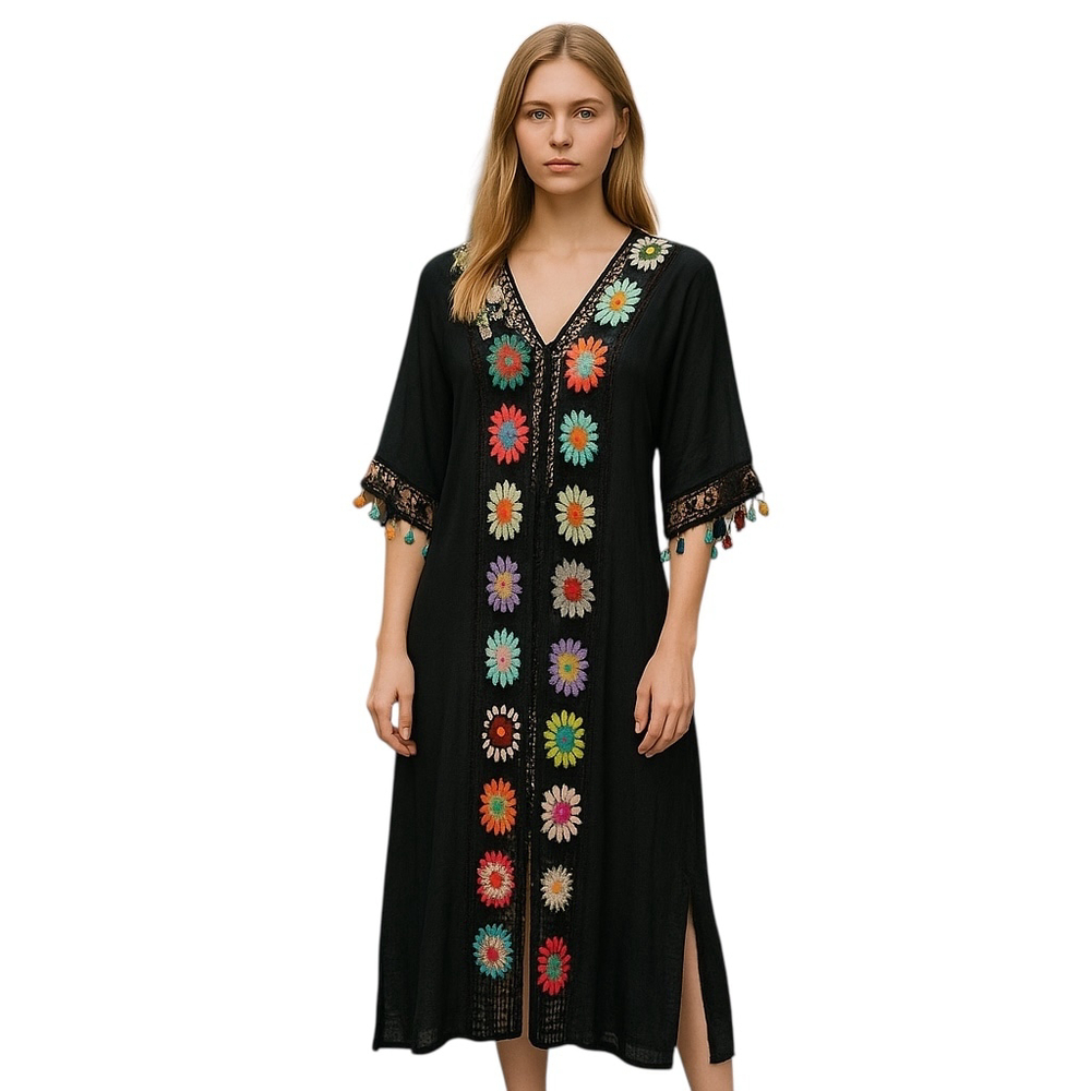 Odiva Long Flower Kimono Cardigan Colorful Crochet Tassel Vacation Boho Beach